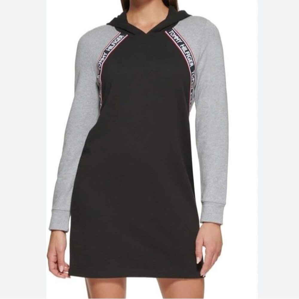 NWT Tommy Hilfiger Size XL Hoodie Dress Black Gray Colorblock Logo Tape $79
